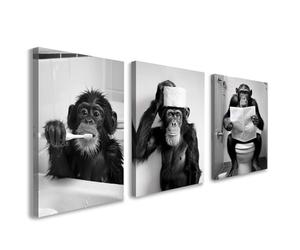 Set of 3 Bathroom Wall Art, Funny Monkey Canvas Wall Decor, Black and White Animal Artwork for Bathroom, Toilet or Powder Room, Humorous Pictures and Prints with Hooks and Magic Tape, 12x16 Inch
