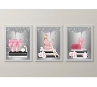 Set Of 3 Bedroom Prints, Aesthetic Wall Art, Fashion Art Work, Set of 3 Pictures, No Frame, Digital Glitter, Silver Girls room Print Picture A4