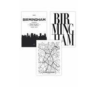Set of 3 BIRMINGHAM Skyline Street Map City Prints Art Posters ARTZE Black W50cm x H70cm