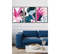 Set of 3 Black Framed Abstract Pink and Blue Tropical Triptych Wall Art ARTZE Pink W33cm x H45cm x D20mm