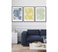 Set of 3 Black Framed Blue Yellow Green William Morris Vintage Floral Wall Art ARTZE Yellow W33cm x H45cm x D20mm