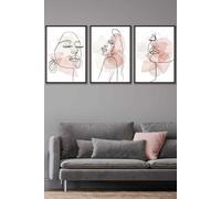Set of 3 Black Framed One Line Abstract Fashion Faces in Pink and Ivory Wall Art ARTZE Light Pink W45cm x H62cm x D20mm