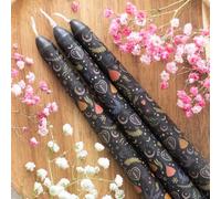 Set of 3 Black Midnight Print Taper Candles | Unscented Gothic Dinner Candles | 5-Hour Burn | Folk-Inspired Paraffin Wax Candles | Gift-Boxed Set for Home or Seasonal Decor