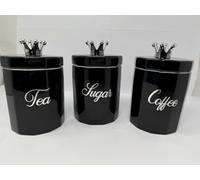 Set of 3 Black Tea, Coffee, Sugar Ceramic Canister Jars Set, Kitchen Storage Jars with Silver Crystal Bow Lids, Luxury Countertop Containers, -15x11cm