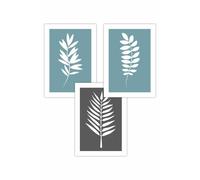 Set of 3 Blue Grey Graphical Leaves Art Posters ARTZE Duck Egg Blue W50cm x H70cm
