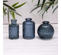 Set of 3 Blue Vintage Glass Ribbed Bottle Flower Display Bud Vases