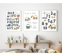 Set of 3 Boys Bedroom Nursery prints Diggers prints ABC 123 Childrens kids Nursery wall art home decor (A3)