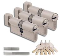 Set of 3 Brass Knob Cylinders 30/30mm, Knob Lock, Screws and Keys Included, Easy Installation, Lock for Doors and Garages, Single Key, Total Length 60mm