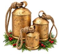 Set of 3 Brass Rustic Christmas Bells - Vintage Gold Shabby Chic Harmony Cow Bells with Jute Hanging Loops, Antique Tin Metal Bell Decor for Holiday Home, Wreath & Christmas Tree