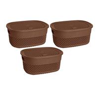 (Set of 3)- BROWN 4 Litre Plastic Storage Basket Small Oval Shaped Stackable Nestable Lidded Storage Bins Knit Design Modern Organising ETC Baskets for Accessories, Closets, Shelves, Bathroom, Kitchen