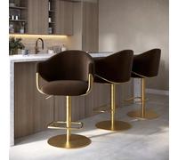 Set of 3 Brown Velvet Adjustable Swivel Bar Stools with Gold Base - Ronnie