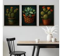 Set of 3 Cacti In Pots With Dark Background - A5 A4 A3 Art Posters Wall Art Modern Painting Prints for Home Office or Workspace Interior Decoration (A5 (210x148mm), High-resolution paper)