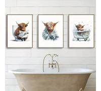 Set Of 3 Canvas Poster Abstract Funny Scottish Highland Cow Closestool Bathroom Animals In Bath Farmhouse Wall Art Prints Gift Bedroom Living Room Dorm Gallery Corridor Decor Picture,A3 (30X42CM)