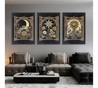 Set Of 3 Canvas Poster Black Gold Vintage Mysterious Sun Star Moon Flower Celestial Tarot Cards Wall Art Painting Gift Bedroom Living Room Dorm Gallery Corridor Decor Picture Prints,A4 (21X30CM)