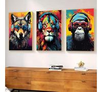 Set Of 3 Canvas Poster Gaming Animal Graffiti Headphones Sunglasses Gorilla Lions Wolf Cool Gamer Teens Boys Colorful Wall Art Gift Bedroom Living Room Dorm Gallery Corridor Decor Picture Prints,50x70