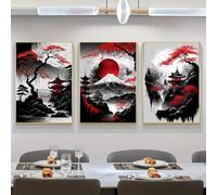 Set Of 3 Canvas Poster Large Black Red Canvas Poster Mountain Tree Tower Japanese Natural Landscape Ink Wall Art Gift Bedroom Living Room Dorm Gallery Corridor Decor Picture Prints,30x40 CM (11.8x15.8