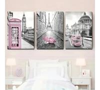 Set Of 3 Canvas Poster Modern Gray Tower Pink Telephone Booth Umbrella Bus Lightpink Paris Theme Wall Art Prints Gift Girls Bedroom Living Room Dorm Gallery Corridor Decor Picture,50x70 CM (19.7x27.6