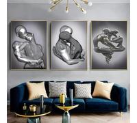 Set Of 3 Canvas Poster Modern Metal Figure 3D Sculpture Effect Romantic Lovers Hug And Kiss Silvery Wall Art Prints Gift Bedroom Living Room Dorm Gallery Corridor Decor Picture,50x70 CM (19.7x27.6 In)