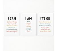 Set of 3 Canvas Posters "I Can Do Hard Things" "I Am Smart I Am Brave" - Inspirational Wall Art - Positive Affirmations for Kids, It's Ok To Do Daily Affirmations for Children's Room -