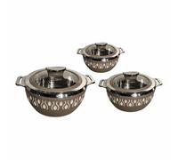 Set of 3 Casserole Serving Dishes with Clear Glass Lid & Handle - Airtight Stainless Steel Insulated Salad, Soup Food Containers - BPA Free Thremal Hot Pot - Round, Earth Beige (1000, 1500, 2000ml)