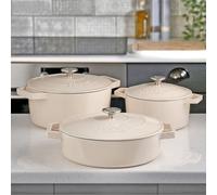 Cooks Professional Set of 3 Cast Iron Casserole Dishes with Lid & Handles | 20, 26 & 28cm | Colourful Enamelled Cooking Pans Pots | Suitable For All Hobs Inc Induction | Oven & Grill Safe | Off White