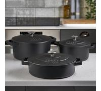 Cooks Professional Set of 3 Cast Iron Casserole Dishes with Lid & Handles | 20, 26 & 28cm | Colourful Enamelled Cooking Pans Pots | Suitable For All Hobs Inc Induction | Oven & Grill Safe | Matt Black
