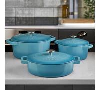 Cooks Professional Set of 3 Cast Iron Casserole Dishes with Lid & Handles | 20, 26 & 28cm | Colourful Enamelled Cooking Pans Pots | Suitable For All Hobs Inc Induction | Oven & Grill Safe | Blue