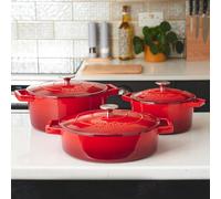 Set of 3 Cast Iron Casserole Dishes - Oven Proof Enamelled Pans with Lids - 20cm 26cm & 28cm Cooks Professional Red One Size