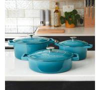 Set of 3 Cast Iron Casserole Dishes - Oven Proof Enamelled Pans with Lids - 20cm 26cm & 28cm Cooks Professional Teal One Size