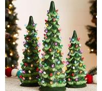 Set of 3 Ceramic Christmas Trees,Retro Hand-Painted Tabletop Christmas Trees with Timer,Pre-Lit Tabletop Holiday Decoration with Multicolor Bulbs Led Lights for Home Party Festival Ornament