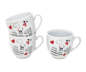 Set of 3 Ceramic Coffee Cups Decorated with Hearts 70 ml Washable White