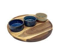 Set of 3 Ceramic Snack Bowls with Round Acacia Wood Serving Tray - 25cm
