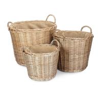 Set of 3 Chestnut Finish Wicker Round Lined Log Basket Red Hamper Natural One Size
