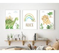 Set of 3 Childrens Personalised Name Dinosaur Bedroom prints Childrens kids Nursery wall art (A4)