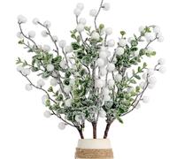 Set of 3 Christmas Artificial Snowy Eucalyptus Stems Leaves with White Berries, 40 CM Frosted Eucalyptus Berries Picks Artificial Eucalyptus Berry Stems for Xmas Tree Vase Fillers Home Garden Decor