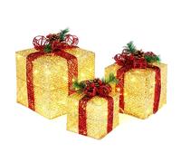 Set of 3 Christmas Lighted Gift Boxes, 60 LED Light up Present Boxes, 10 Inch-8 Inch-6 Inch Decorative Present Boxes Set, Glittery Tulle Fabric Parcels for Indoor & Outdoor Xmas Tree, Home (Gold)