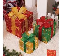 Set of 3 Christmas Lighted Gift Boxes, Large Glitter Presents Boxes with Bows for Xmas Tree, Yard, Home, Indoor Outdoor Holiday Decor (Elk)