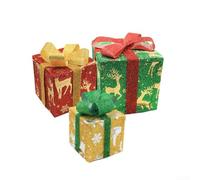Set Of 3 Christmas Lighted Present Boxes,LED Light Up Present Boxes Ornament Outdoor Warm Tinsel Boxes Decor For Indoor Christmas Home Yard Lawn Decor(B)