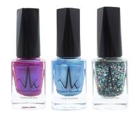 Set of 3 Classic Nail Polish Quick Drying Nail Varnish Long lasting No UV Need Vegan Nail Polish (Violet + Neon Blue + Hexagon Glitter, Trio)