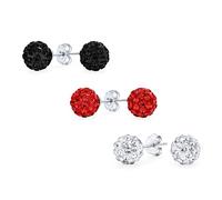 Set Of 3 Clear Red Black .925 Sterling Silver Round 8MM Glittering Pave Crystal Disco Ball Red Stud Earrings for Women Teens