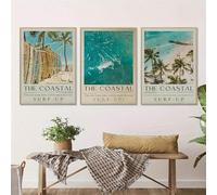 Set Of 3 Coastal Summer Beach Canvas Wall Art Prints, Surf Theme Poster, Tropical Beachscape Living Room Decor 60x90cmx3 framework