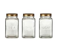 Set of 3 Coffee Tea Sugar Embossed Glass Jars Canister Container Gold/Silver Lid