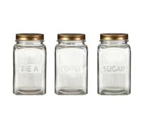 Set of 3 Coffee Tea Sugar Embossed Glass Jars Canister Container Gold Finish Lid