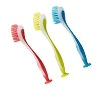 Set Of 3 Colorful Dishwashing Brushes With Builts In Suction Cups And Long Handle For Kitchen Cleaning Scrubbing Tool Nonslip Suction Base Brush