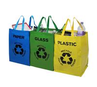Set Of 3 Colour Coded Recycle Logo Bags Plastic Glass Paper Recycling Bins Bag