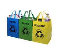 Set Of 3 Colour Coded Recycle Logo Bags Plastic Glass Paper Recycling Bins Bag