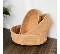 Set of 3 Cotton Rope Storage Baskets - Small Brown Oval Organizers for Bathroom, Nursery & Home, Handmade Woven (Brown)