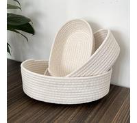 Set of 3 Cotton Rope Storage Baskets - Small Brown Oval Organizers for Bathroom, Nursery & Home, Handmade Woven (White)