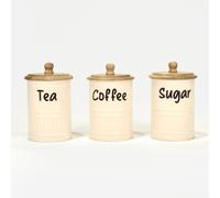 HOMESCAPES Tea Coffee and Sugar Canisters Set, Set of 3 White Decorative Kitchen Food Storage Jars, Galvanised Iron Kitchen Organiser Containers With Wooden Lids for Dry Ingredients - 10 x 17cm