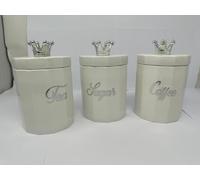 Set of 3 Crown Top Straight Cream Premium Ceramic Tea, Coffee & Sugar Jars - 15x11cm Kitchen Storage Canisters with Silver Crown Lids & Decorative Design
